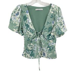 Abercrombie & Fitch Green Floral Deep V-Neck Short Sleeve Blouse - Size Small